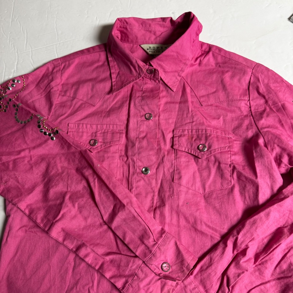 Roper Girls Pink Western Snap Shirt Rhinestone Studded Long Sleeve Size M‎ 7-8